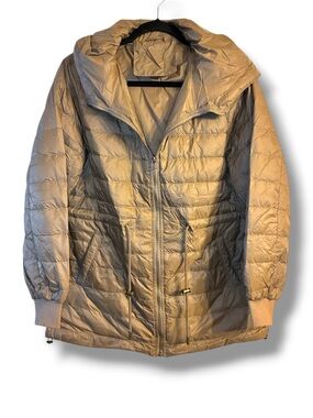✨ Lightweight Down Puffer Jacket Hooded Neutral Tan Packable Coat Size L